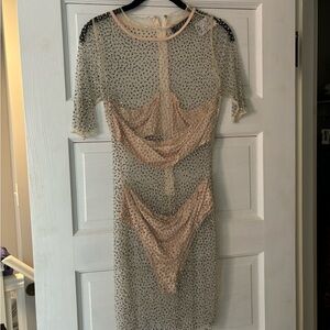 Rhinestone stubbed see through mesh dress with built in nude 2 piece slip - M
